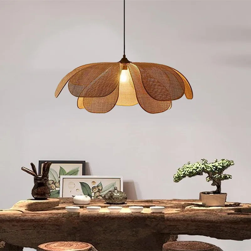 Boho Rattan Flower Chandelier – 20" Handwoven Hemp Rope Pendant Light, E26 Base, 60W Max, For Kitchen Island, Dining Room, Living Room