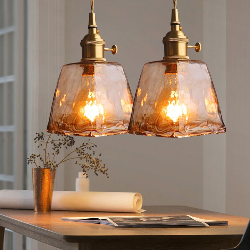 Modern Brass Amber Glass Pendant Light