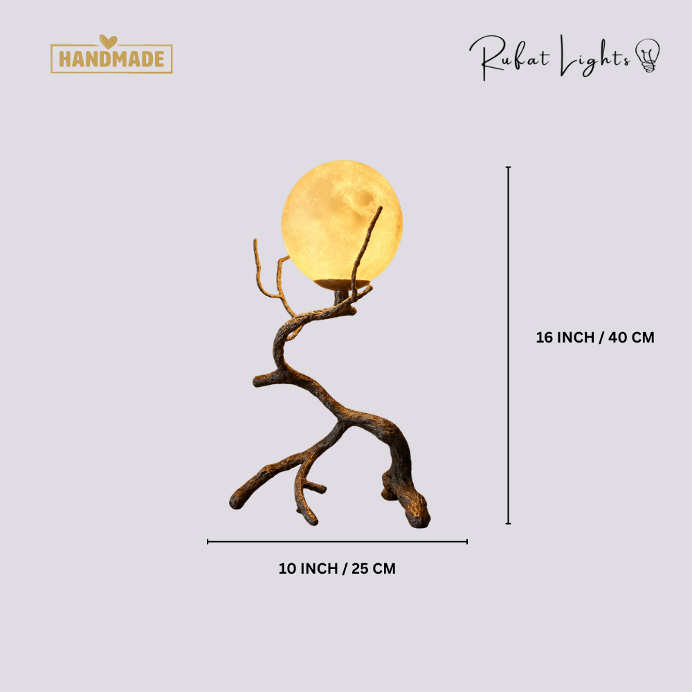 Rustic Wood Grain Moon Table Light dimensions: 16 in (40 cm) high, 10 in (25 cm) wide