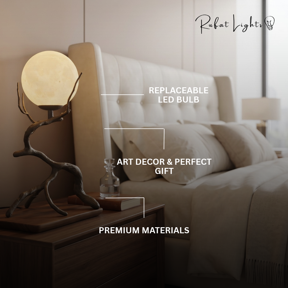 Rustic Wood Grain Moon Table Light features: replaceable LED bulb, art decor and perfect gift, premium materials