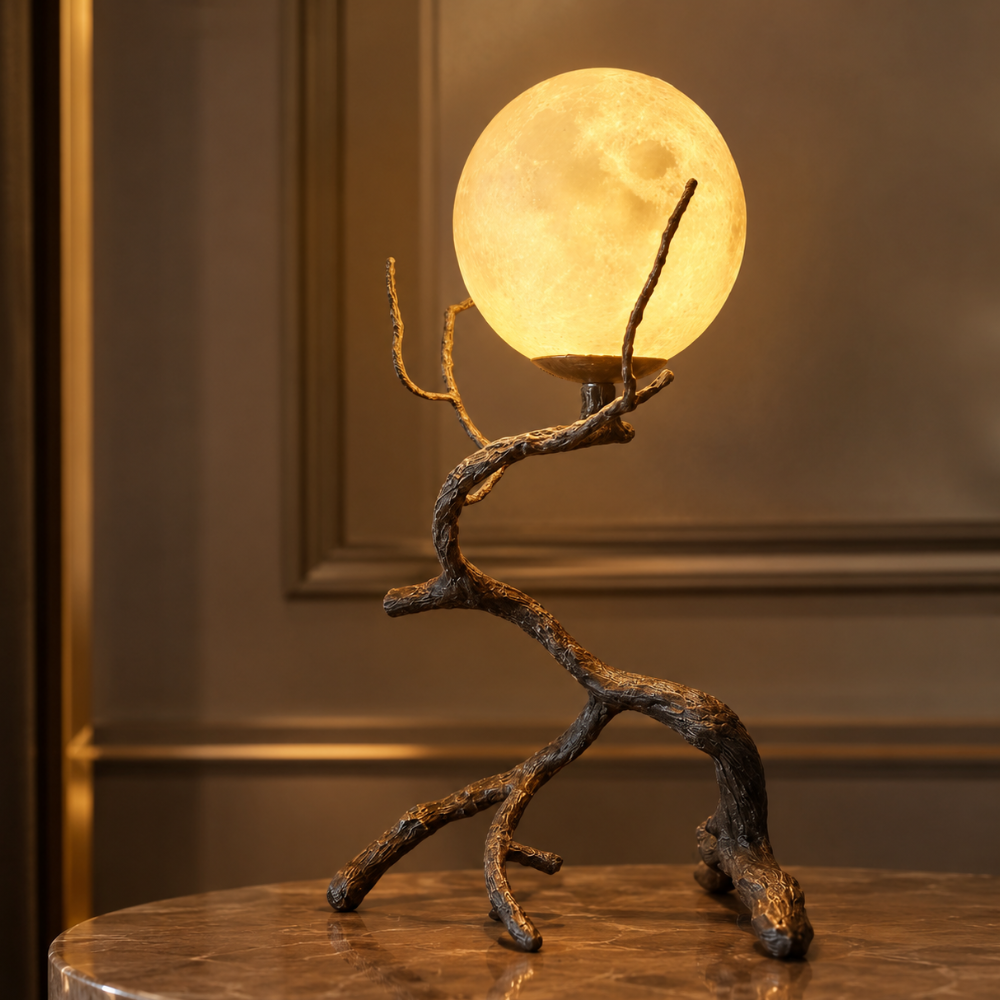 Rustic Wood Grain Moon Table Light