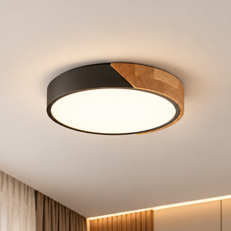 Nordic Drum Lamp Shade black and natural wood round flush mount ceiling light