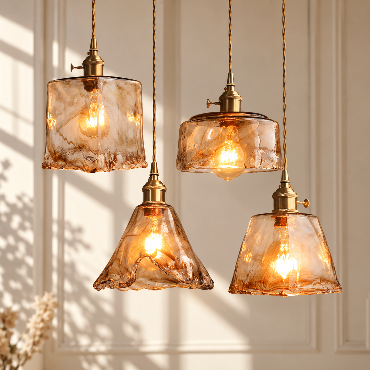 Modern Brass Amber Glass Pendant Light