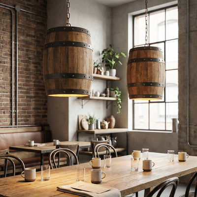 Natural Wood Wine Barrel Pendant Light