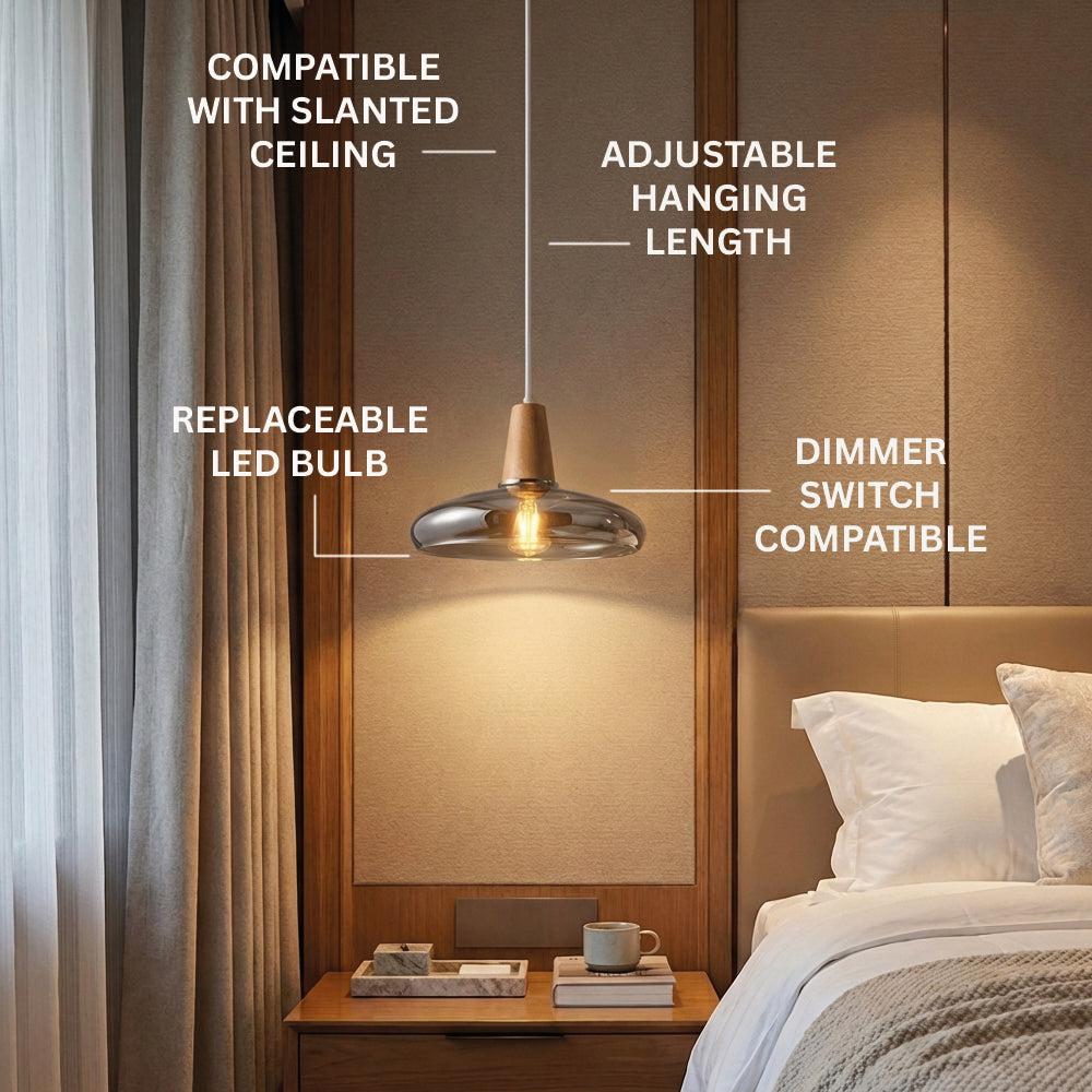 Antique Glass Coated Wood Pendant Lights features: compatible with slanted ceiling, adjustable hanging length, replaceable LED bulb, dimmer switch compatible