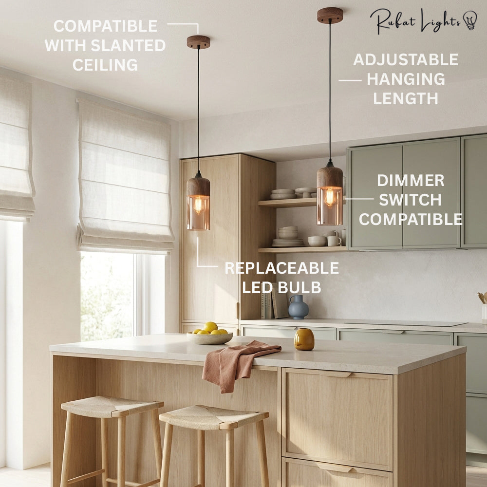 Wood Color Glass LED Pendant Lamp