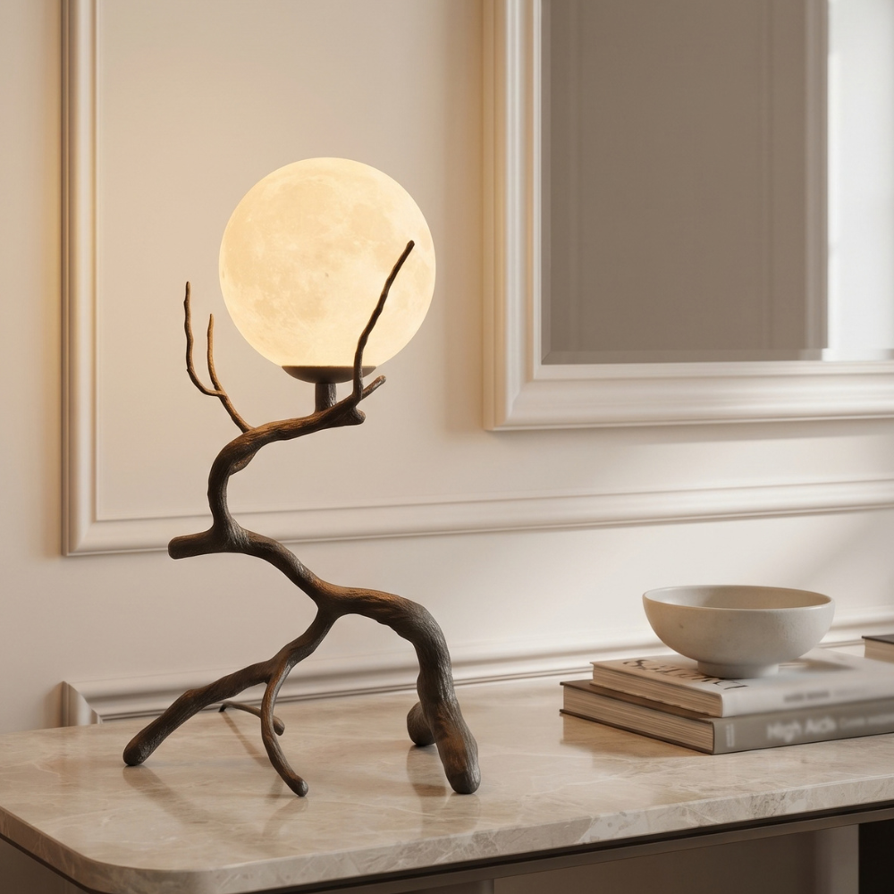 Rustic Wood Grain Moon Table Light on a marble side table beside books