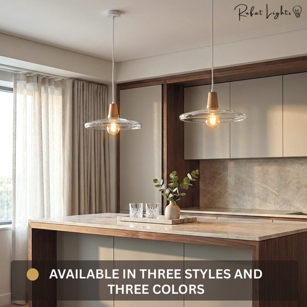 Antique Glass Coated Wood Pendant Lights over a kitchen island, available in three styles and three colors