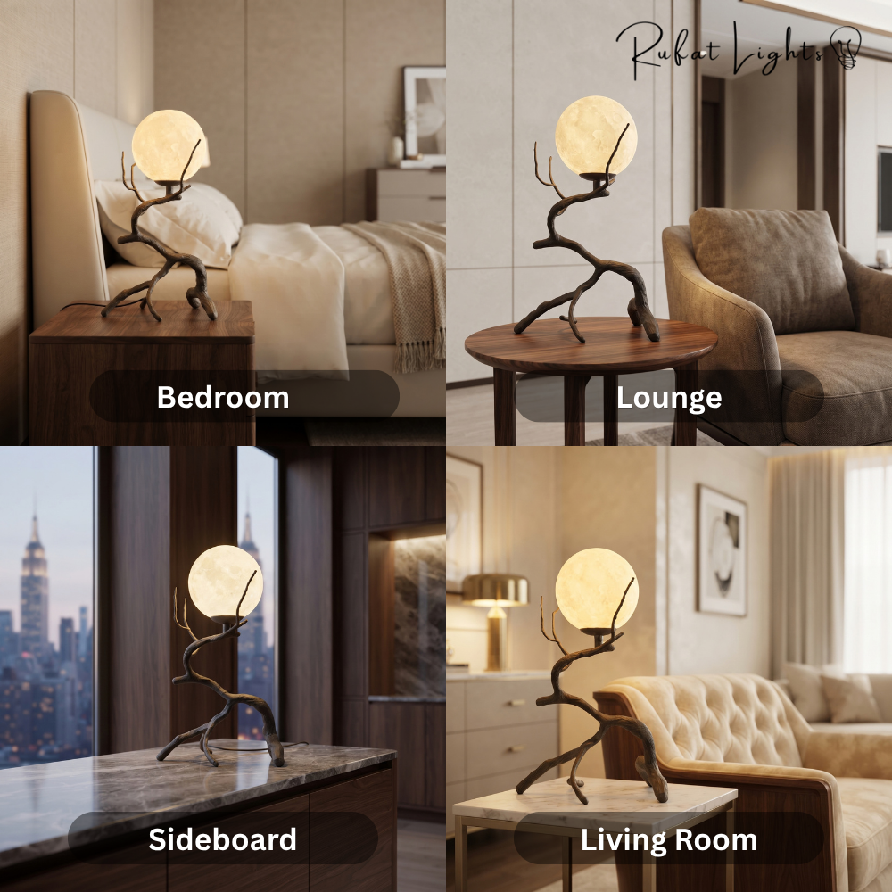Rustic Wood Grain Moon Table Light shown in bedroom, lounge, sideboard and living room