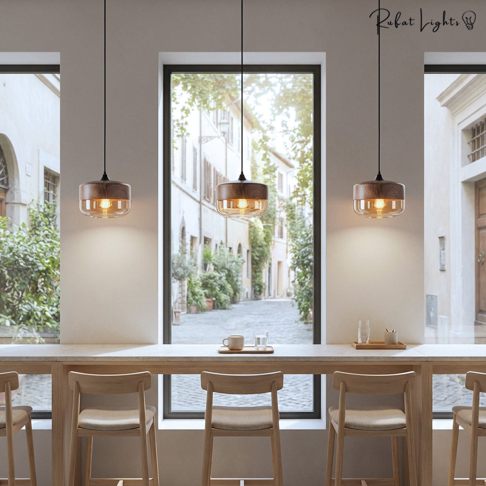 Wood Color Glass LED Pendant Lamp