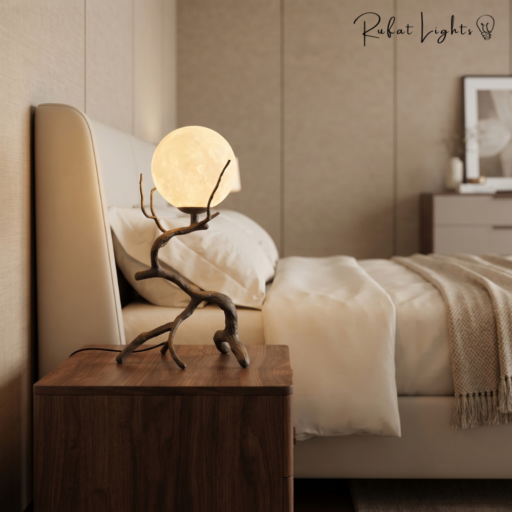 Rustic Wood Grain Moon Table Light on a bedside table next to a bed