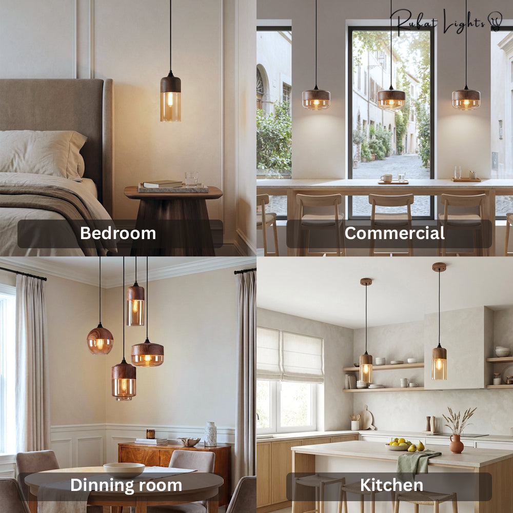 Wood Color Glass LED Pendant Lamp