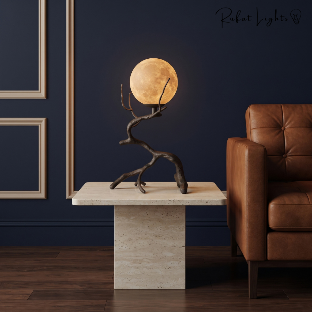 Rustic Wood Grain Moon Table Light on a travertine side table beside a leather armchair