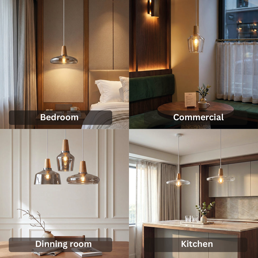Antique Glass Coated Wood Pendant Lights shown in bedroom, commercial space, dining room and kitchen