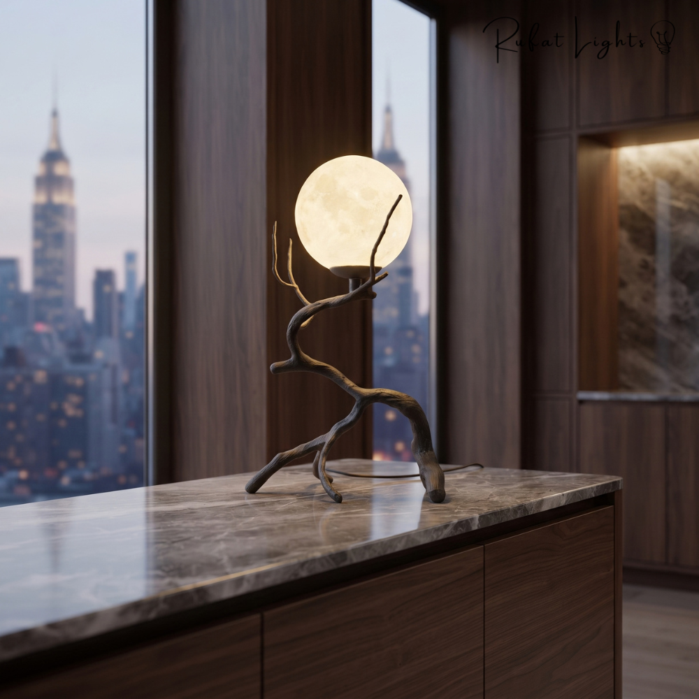 Rustic Wood Grain Moon Table Light on a marble counter with a city skyline view