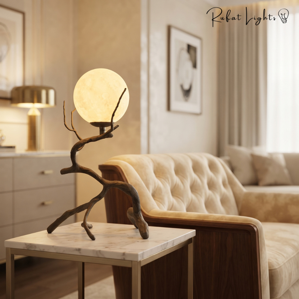 Rustic Wood Grain Moon Table Light on a side table beside a tufted armchair