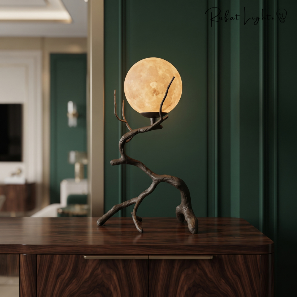 Rustic Wood Grain Moon Table Light on a wooden sideboard in a green-walled room