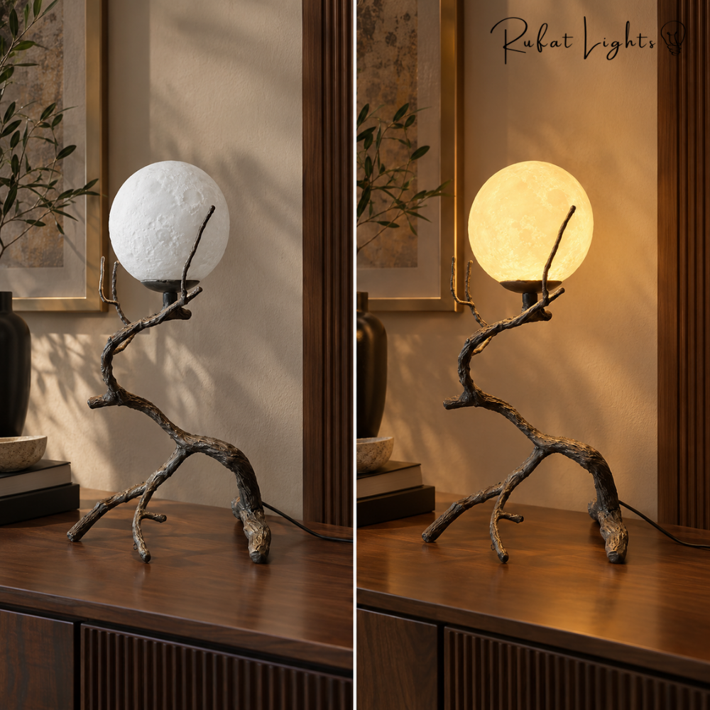 Rustic Wood Grain Moon Table Light unlit and lit side-by-side comparison