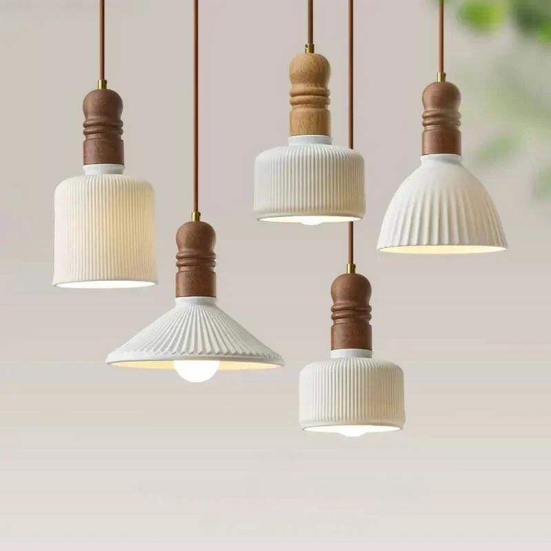 Cream Wind Solid Wood Pendant Light four ribbed ceramic shades with rubberwood caps in different shapes