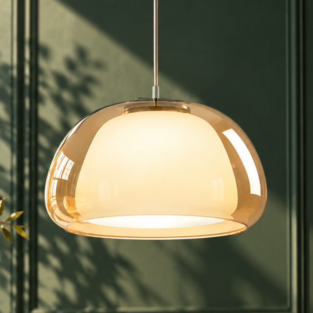 Denmark Design Double Glass Pendant Lamp amber double glass shade with white inner diffuser against a green wall