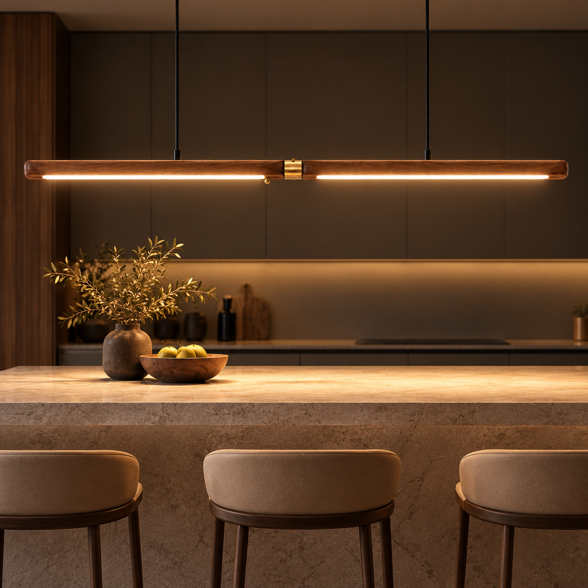 Extended Linear Suspension Light Modern LED Solid Wood linear pendant glowing above a dark wood kitchen counter