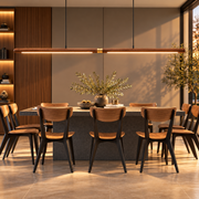Extended Linear Suspension Light Modern LED Solid Wood long walnut linear pendant glowing over a dining table