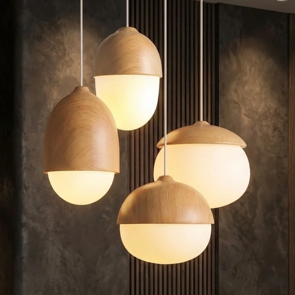Glass Acorn Moon Pendant Lights four wood and white glass acorn shades in different moon phases