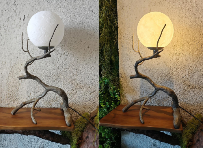 Rustic Wood Grain Moon Table Light