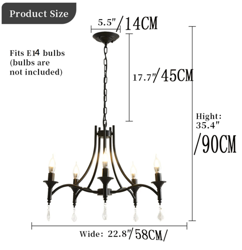 Wrought Iron Crystal 5 Heads Chandelier Lamp