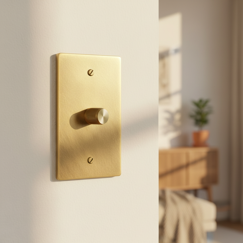 Solid Brass Dimmer Switch single gang gold brass plate with rotary knob on a light wall