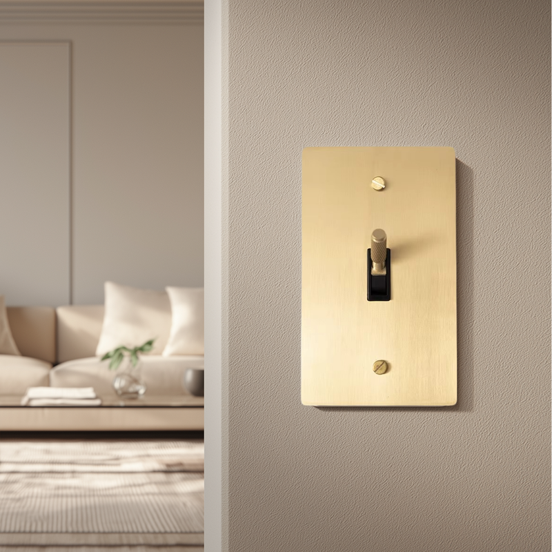Solid Brass Toggle Switch single gang gold brass plate on a wall beside a living room