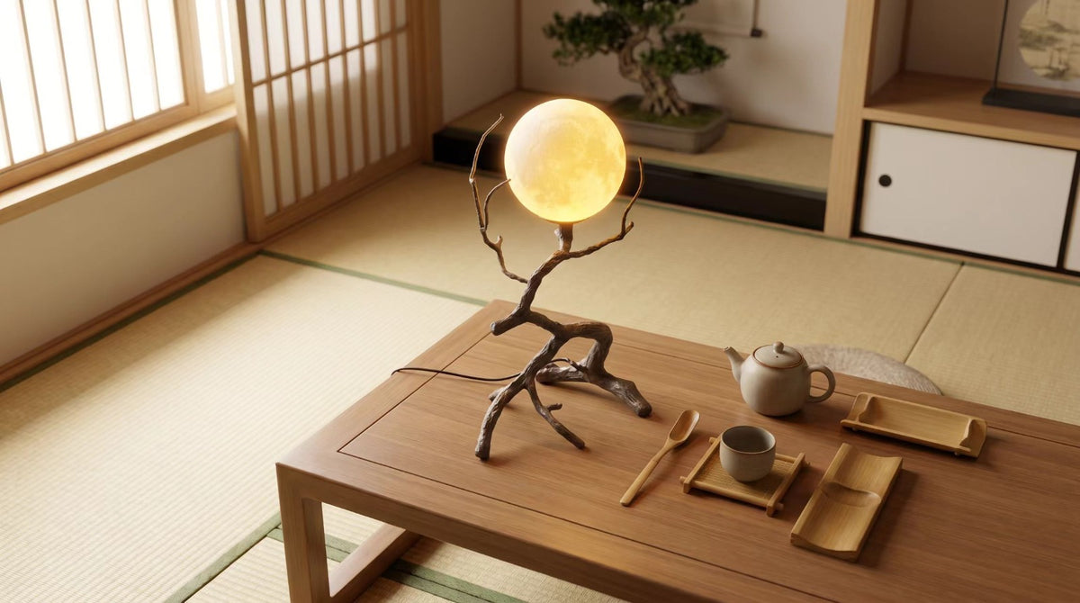 Rustic Wood Grain Moon Table Light