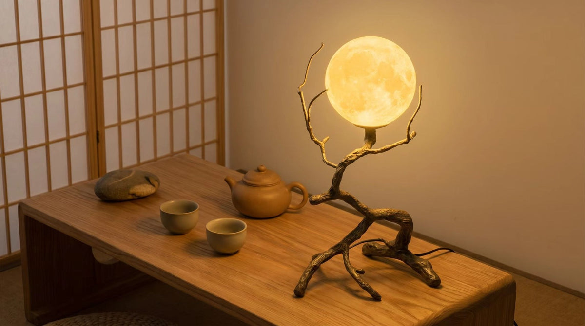 Rustic Wood Grain Moon Table Light