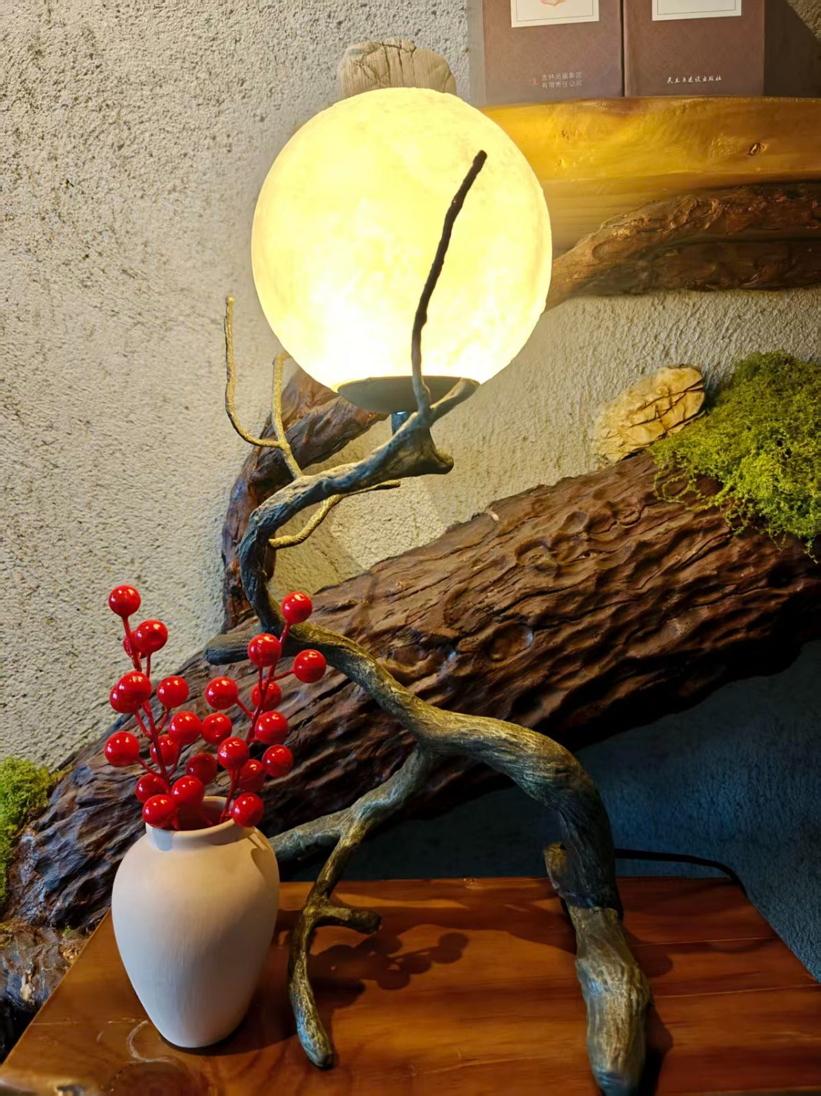Rustic Wood Grain Moon Table Light