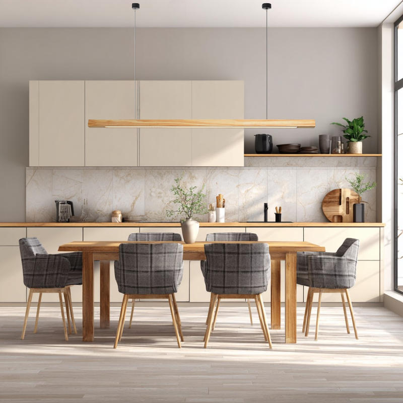 Wood Linear Suspension Chandelier in pine above a wooden dining table in a bright kitchen