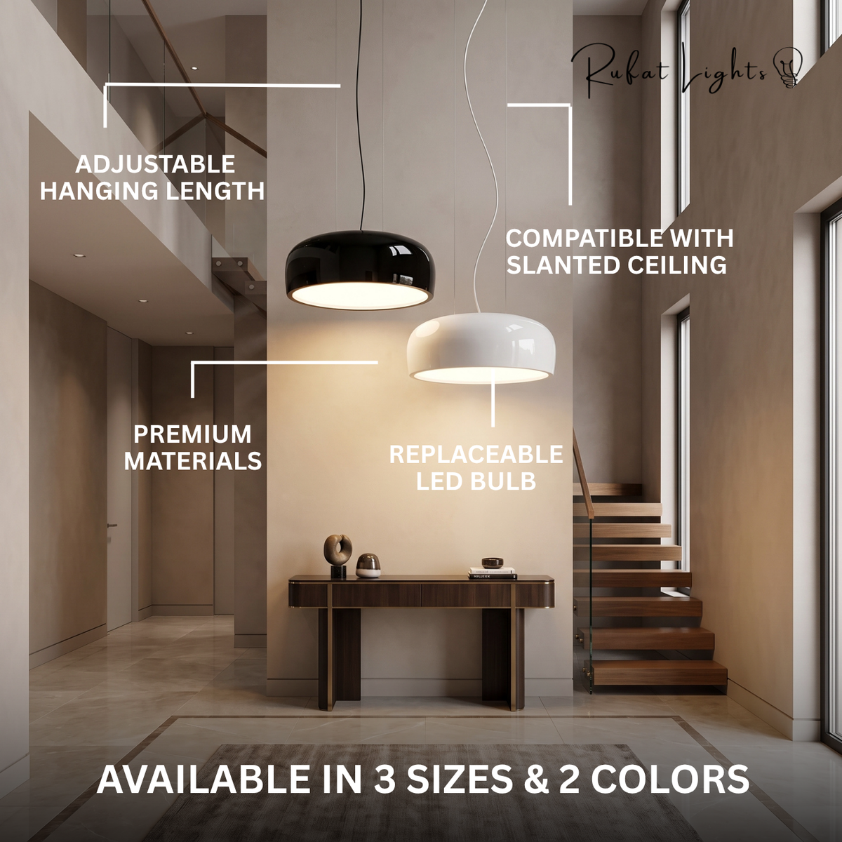 Aluminum Chic Round Pendant Lamp features: adjustable hanging length, compatible with slanted ceiling, premium materials, replaceable LED bulb, available in 3 sizes and 2 colors