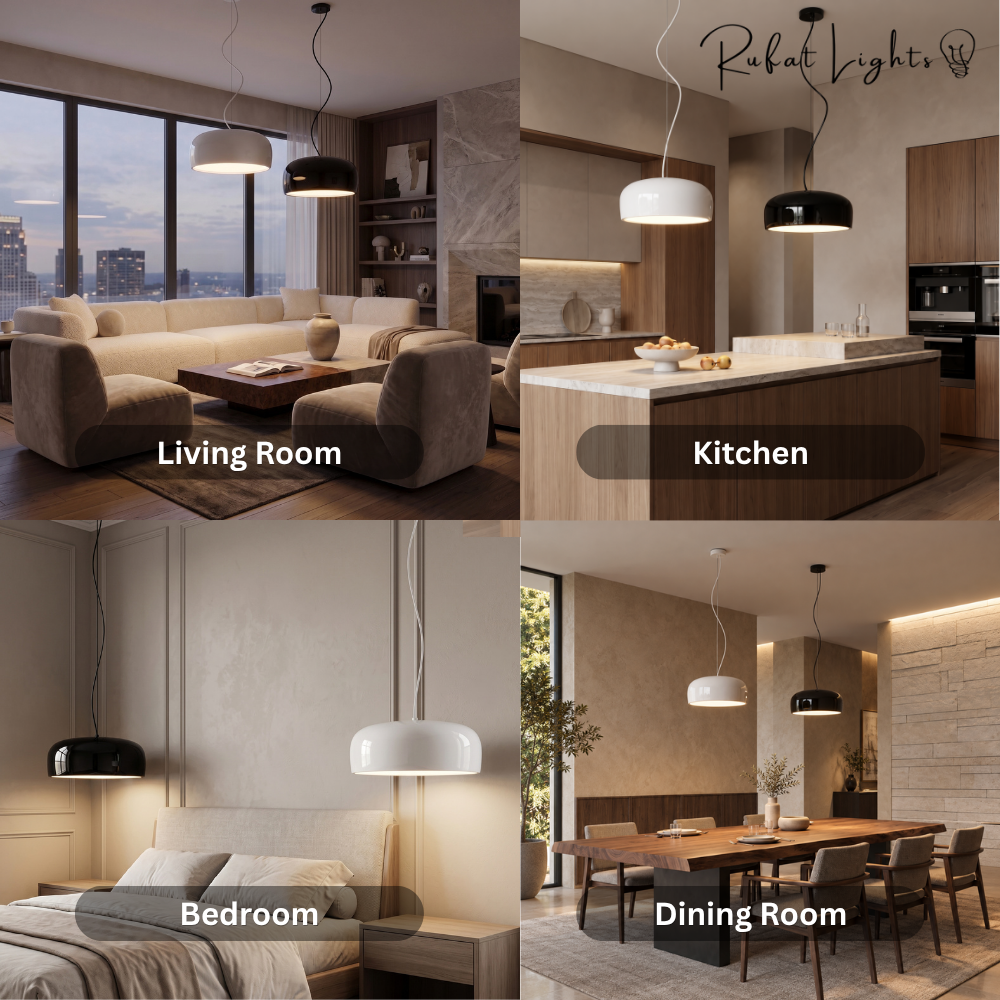 Aluminum Chic Round Pendant Lamp shown in living room, kitchen, bedroom and dining room settings