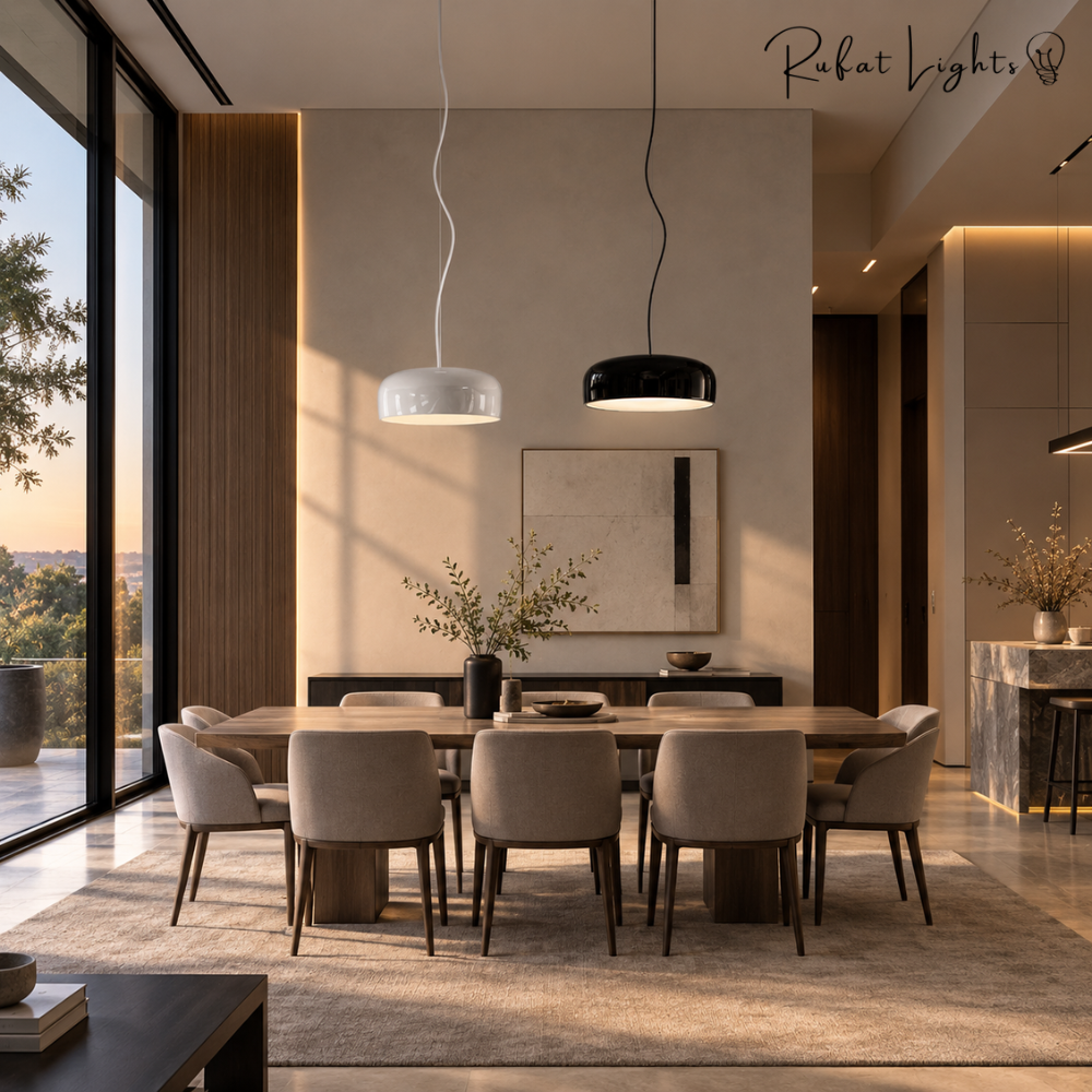Aluminum Chic Round Pendant Lamps in white and black above a long dining table in an open dining room