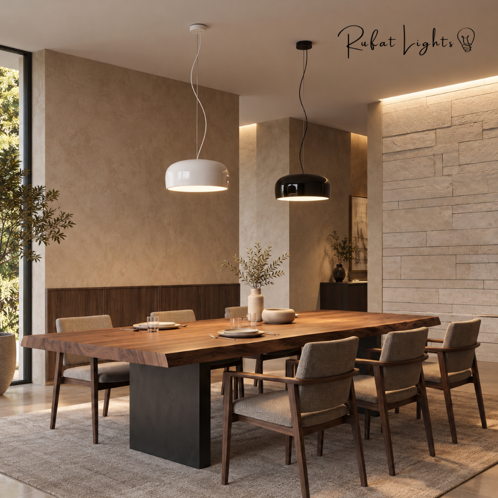 Aluminum Chic Round Pendant Lamps in white and black above a wooden dining table with a stone feature wall