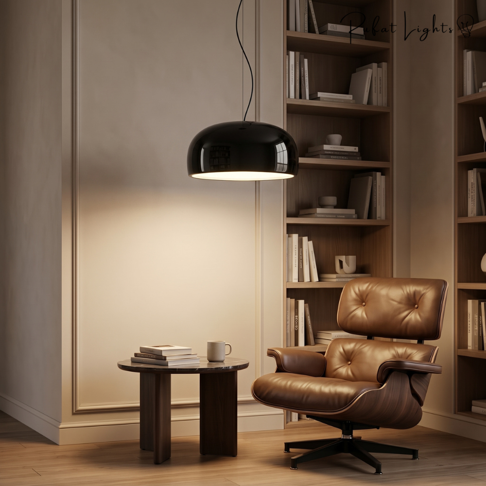 Aluminum Chic Round Pendant Lamp in black above a leather lounge chair in a reading corner