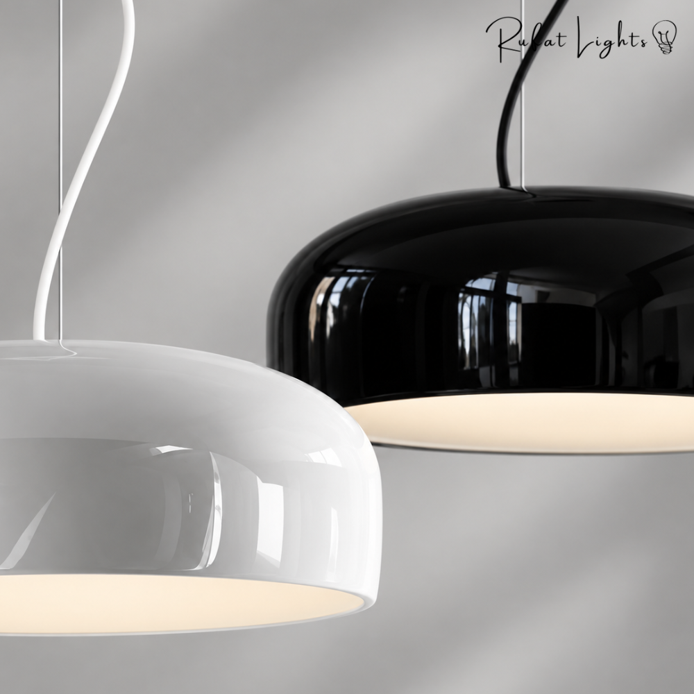 Aluminum Chic Round Pendant Lamp close-up of the glossy white and black aluminum shades