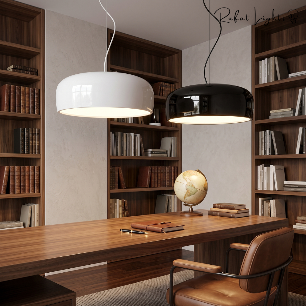 Aluminum Chic Round Pendant Lamps in white and black above a wooden desk in a home library