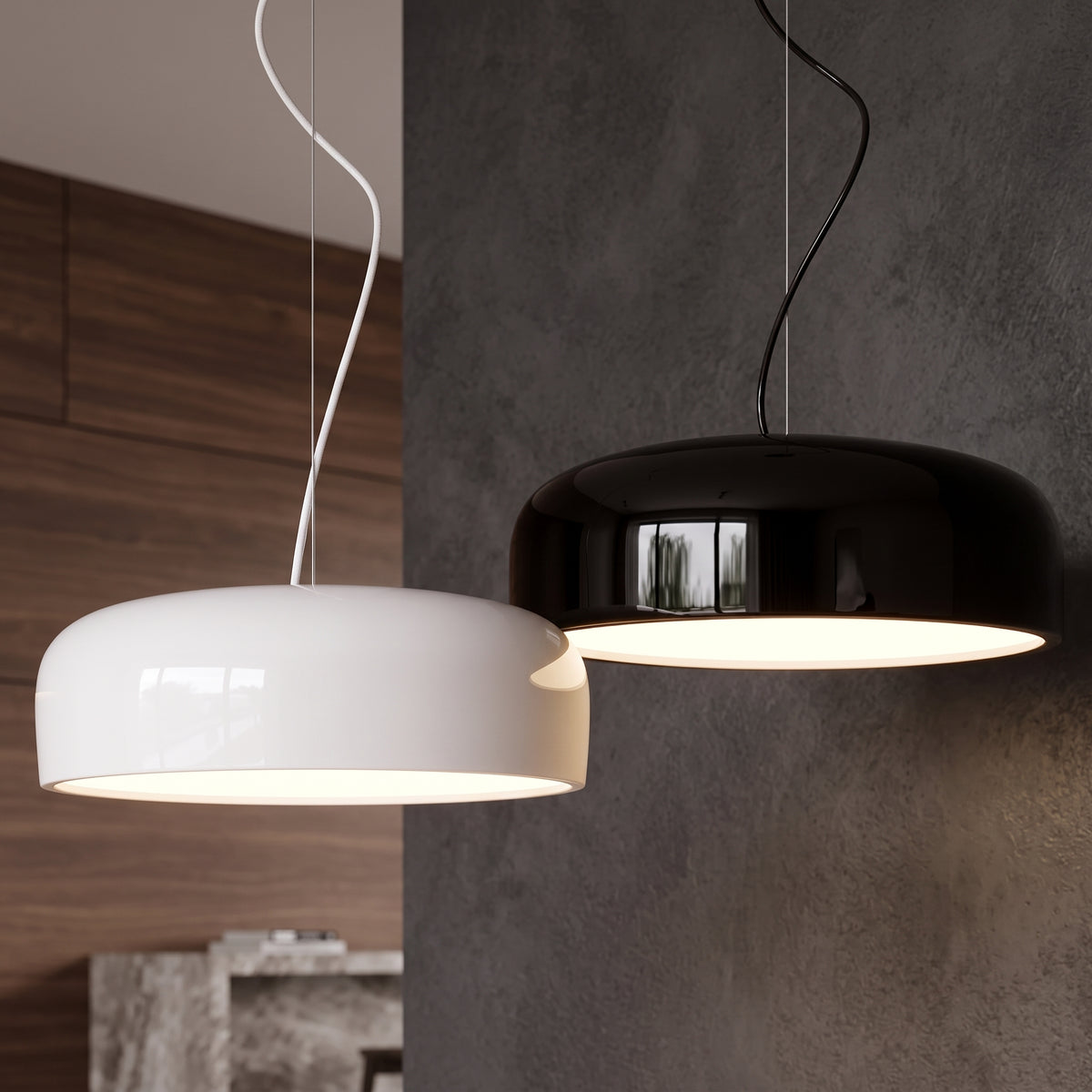 Aluminum Chic Round Pendant Lamp in white and black against a concrete and wood wall