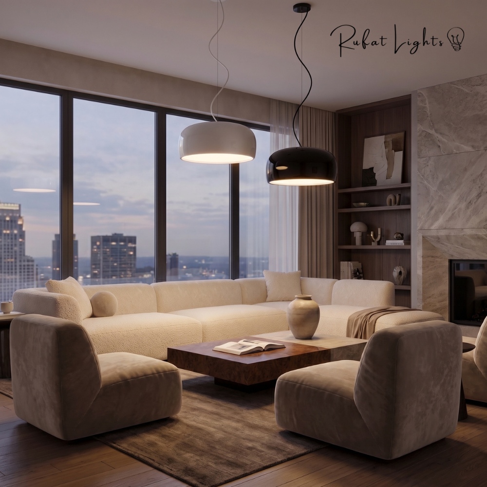 Aluminum Chic Round Pendant Lamps in white and black in a modern living room with city views