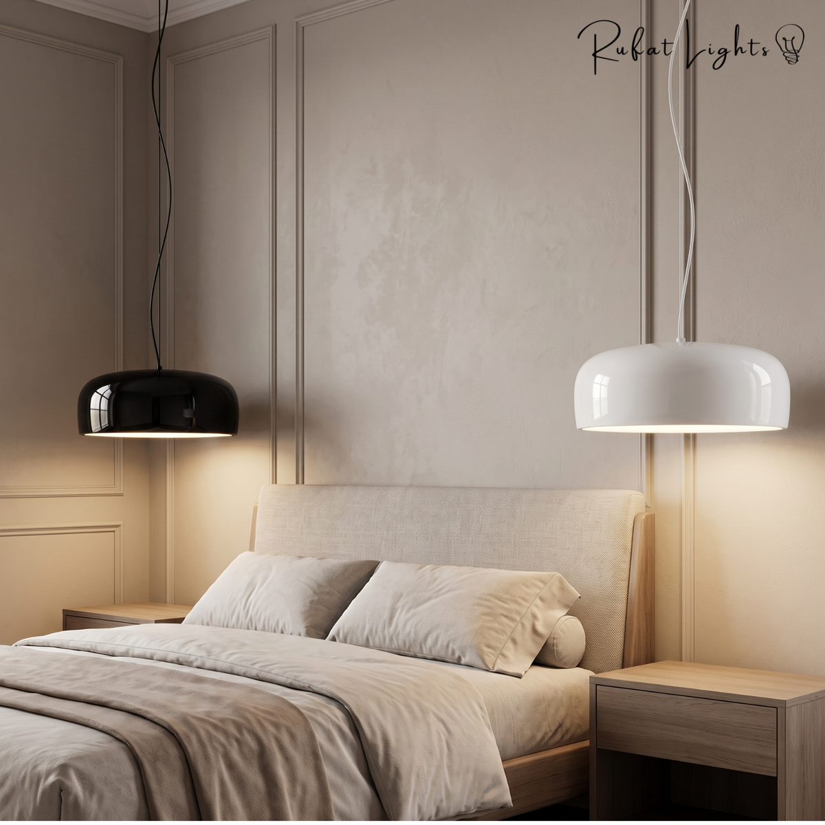 Aluminum Chic Round Pendant Lamps in black and white beside the bed in a modern bedroom