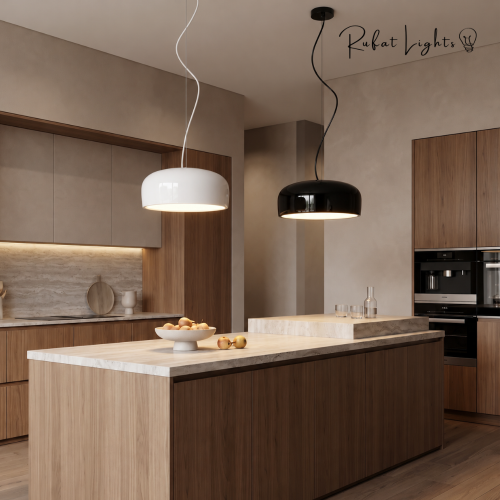 Aluminum Chic Round Pendant Lamps in white and black above a kitchen island