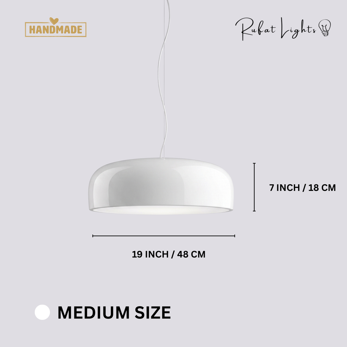 Aluminum Chic Round Pendant Lamp White Medium dimensions: 19 in (48 cm) wide, 7 in (18 cm) high, adjustable cord up to 98 in (248.9 cm)