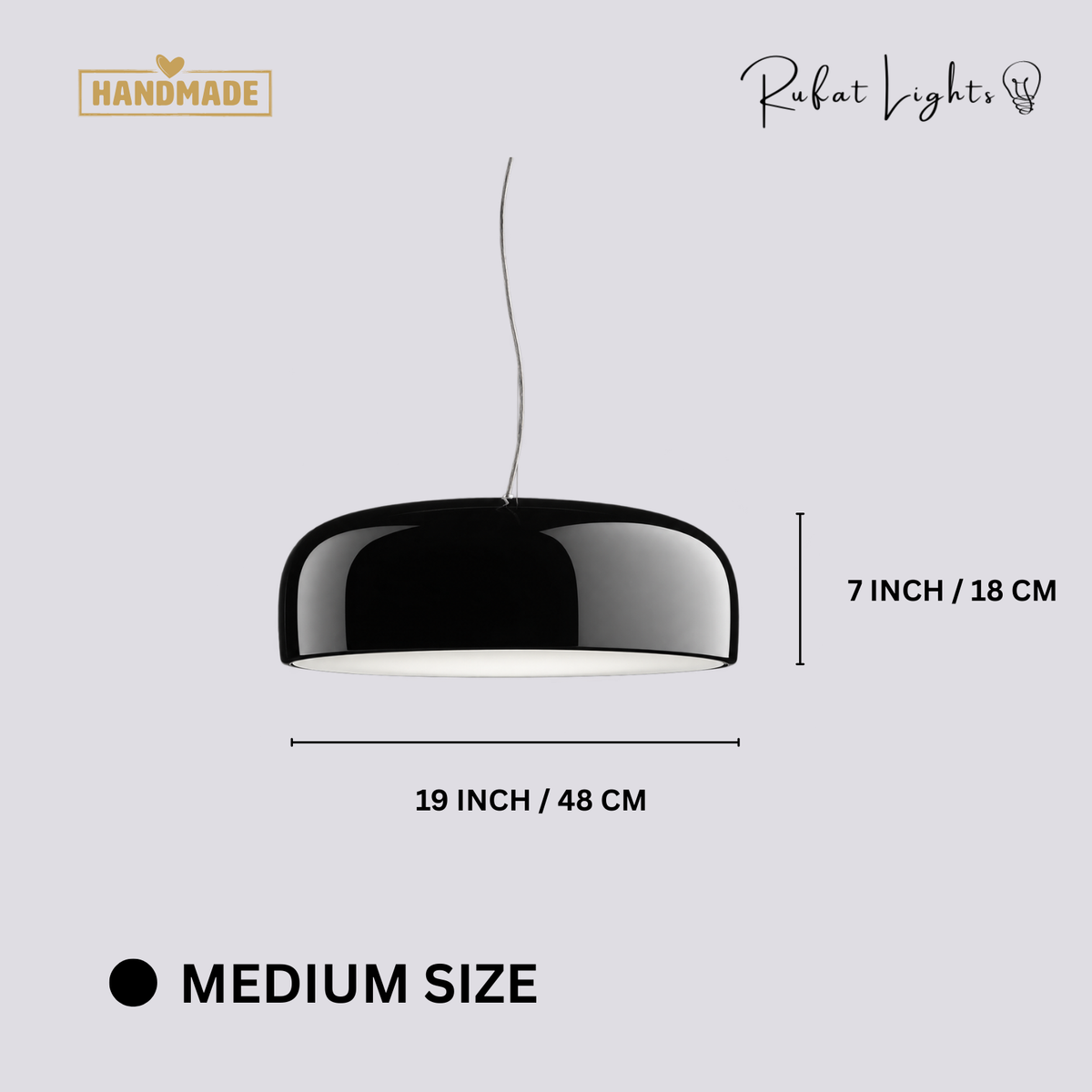 Aluminum Chic Round Pendant Lamp Black Medium dimensions: 19 in (48 cm) wide, 7 in (18 cm) high, adjustable cord up to 98 in (248.9 cm)