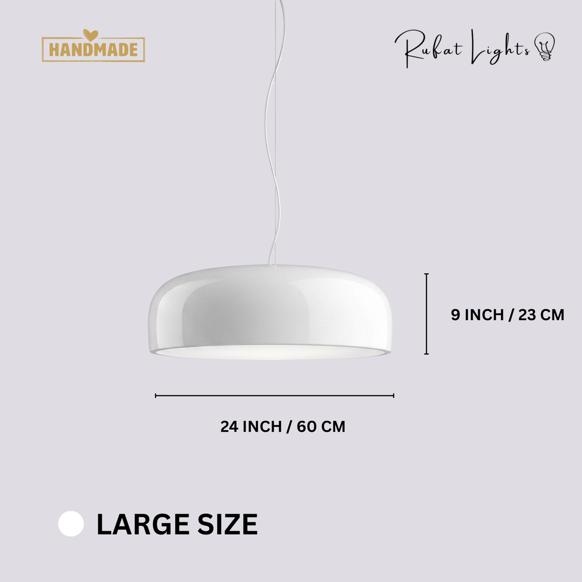 Aluminum Chic Round Pendant Lamp White Large dimensions: 24 in (60 cm) wide, 9 in (23 cm) high, adjustable cord up to 98 in (248.9 cm)