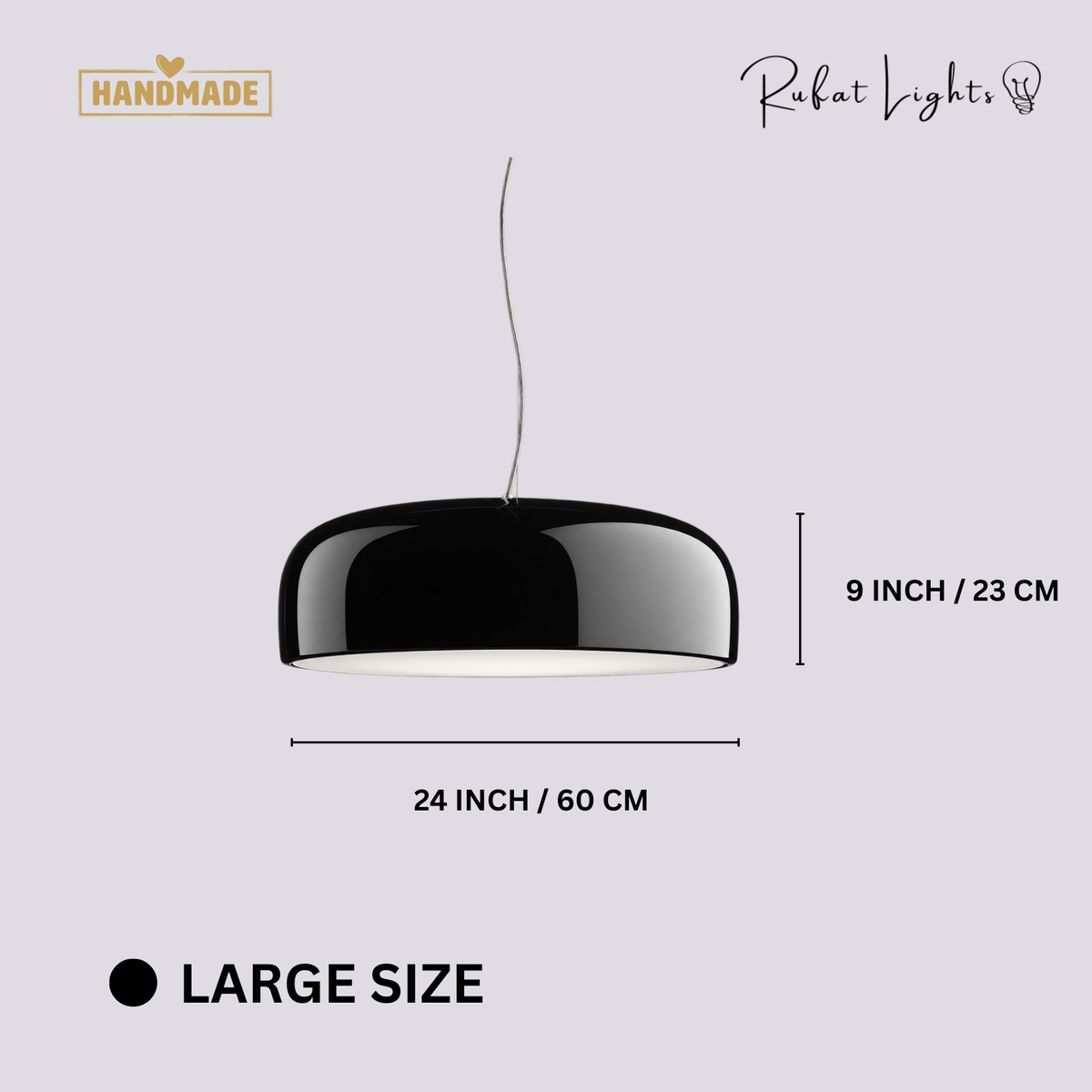 Aluminum Chic Round Pendant Lamp Black Large dimensions: 24 in (60 cm) wide, 9 in (23 cm) high, adjustable cord up to 98 in (248.9 cm)